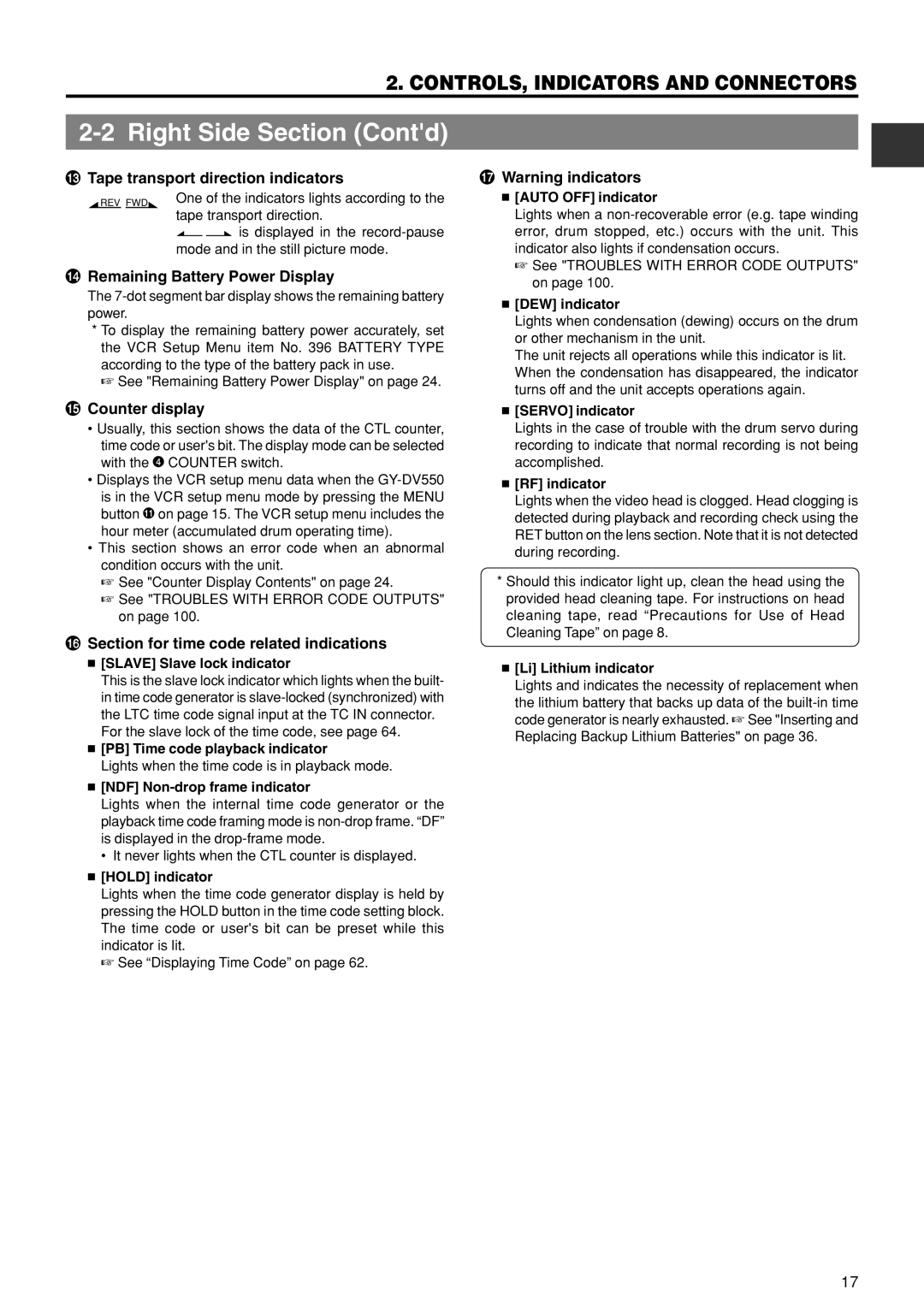 JVC GY-DV550U instruction manual # Tape transport direction indicators, $ Remaining Battery Power Display, Counter display 