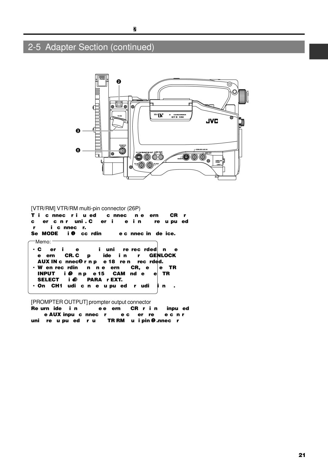 JVC GY-DV550U instruction manual VTR/RM VTR/RM multi-pin connector 26P, Prompter Output prompter output connector 