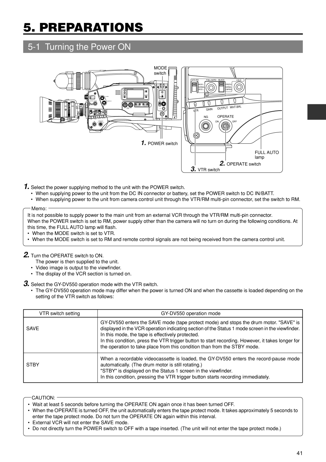 JVC GY-DV550U instruction manual Preparations, Turning the Power on, VTR switch setting GY-DV550 operation mode 