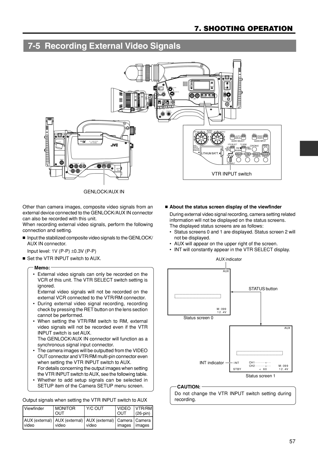 JVC GY-DV550U Recording External Video Signals, Genlock/Aux, Memo  About the status screen display of the viewfinder 