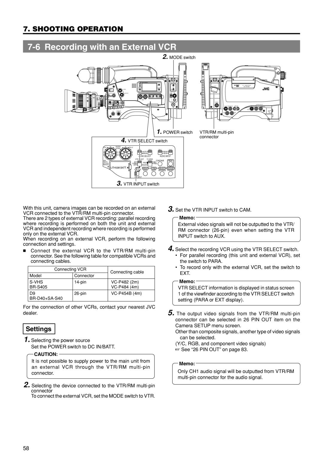 JVC GY-DV550U Recording with an External VCR, Power switch VTR/RM multi-pin VTR Select switch Connector, VTR Input switch 