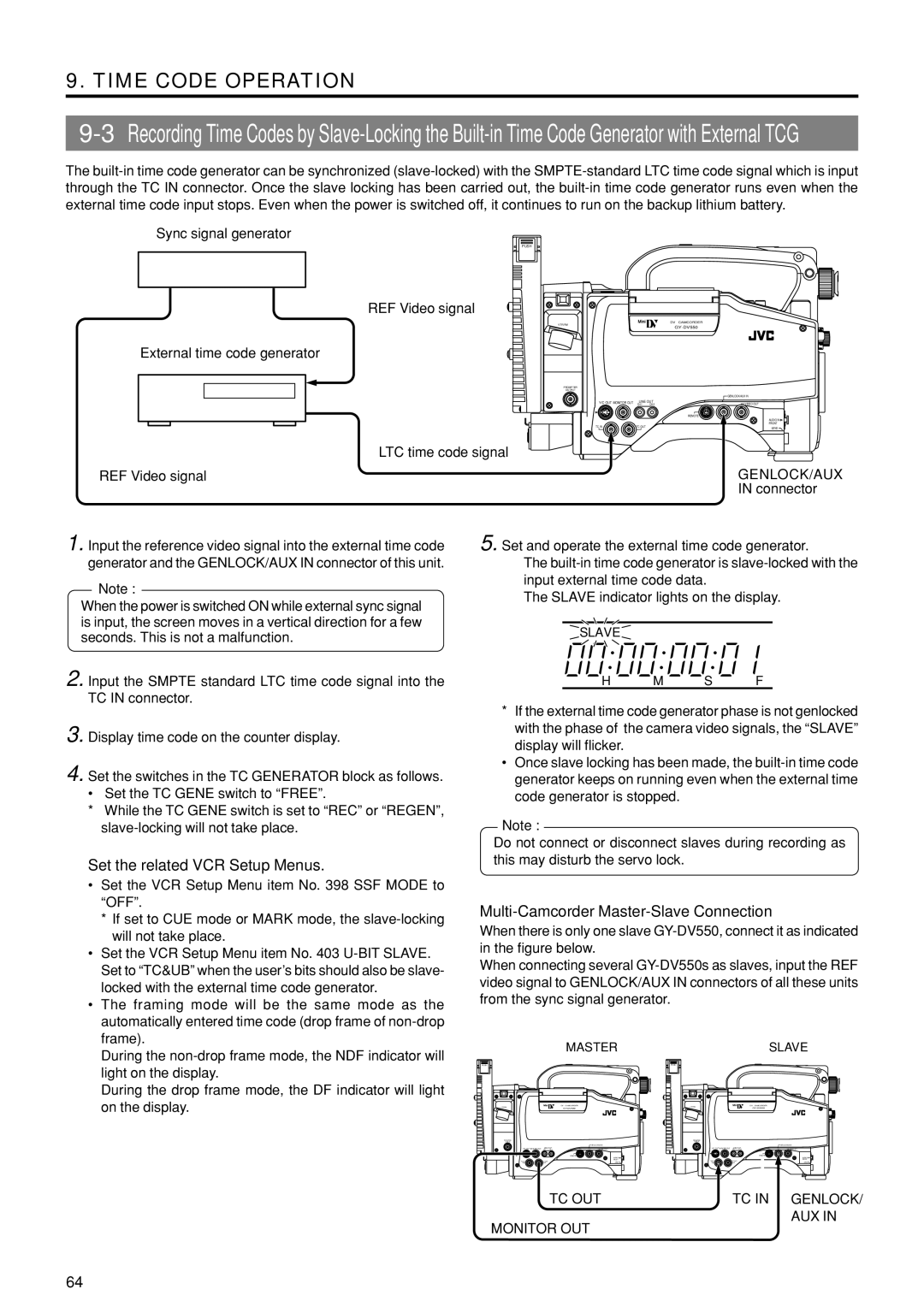 JVC GY-DV550U  Set the related VCR Setup Menus, Multi-Camcorder Master-Slave Connection, REF Video signal 