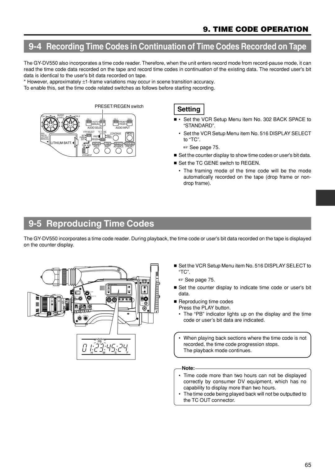 JVC GY-DV550U instruction manual Reproducing Time Codes,  Reproducing time codes Press the Play button 