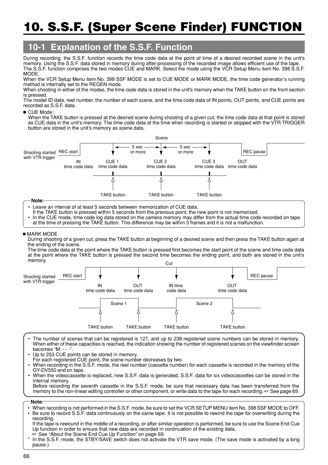 JVC GY-DV550U instruction manual Explanation of the S.S.F. Function,  Mark Mode, Memory 