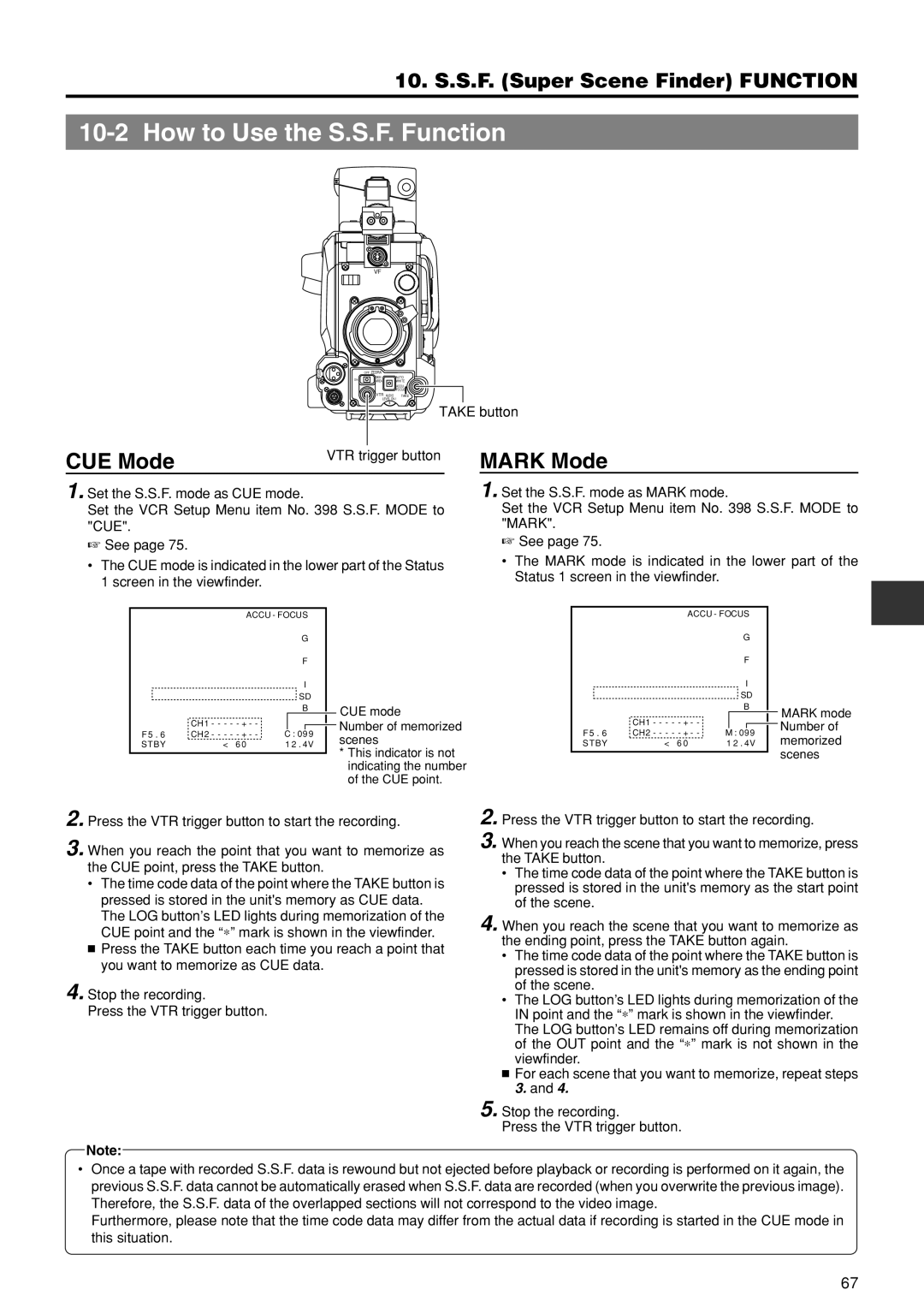 JVC GY-DV550U How to Use the S.S.F. Function, Take button, VTR trigger button, Mark mode Number of memorized scenes 