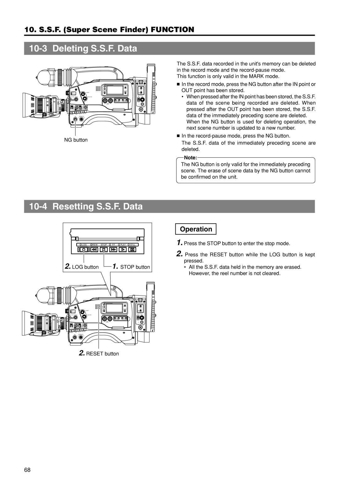 JVC GY-DV550U instruction manual Deleting S.S.F. Data, Resetting S.S.F. Data, LOG button Stop button, Reset button 