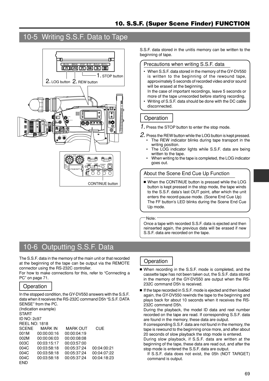 JVC GY-DV550U instruction manual Writing S.S.F. Data to Tape, Outputting S.S.F. Data, Precautions when writing S.S.F. data 