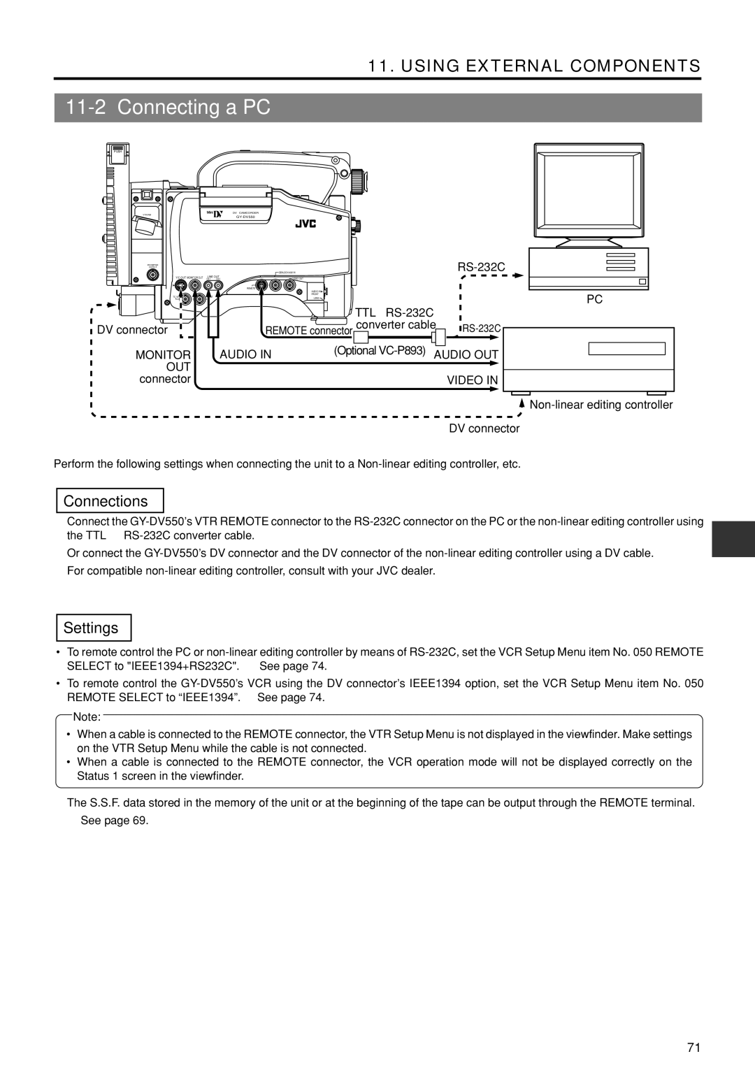 JVC GY-DV550U instruction manual Connecting a PC, Monitor Audio, Out, Video 