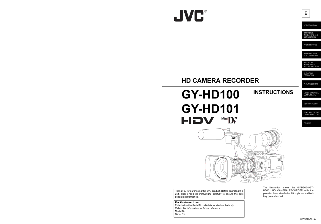 JVC GY- HD101, GY-HD100 manual GY-HD101, For Customer Use 