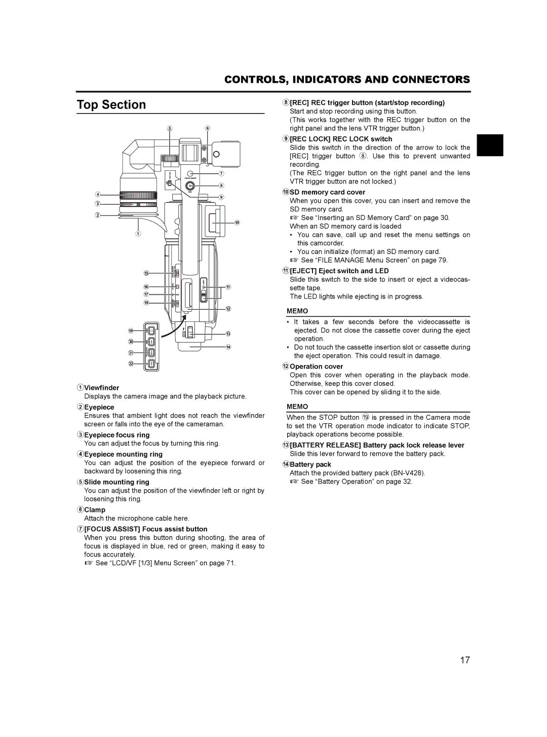 JVC GY- HD101, GY-HD100 manual Top Section 