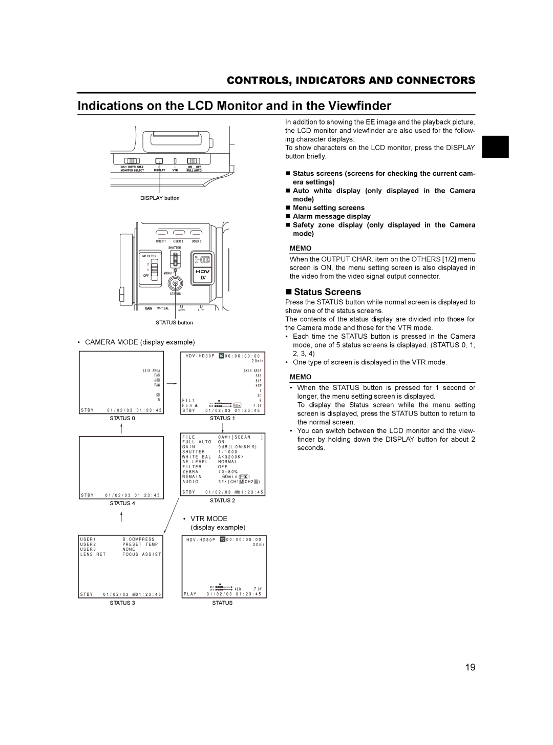 JVC GY- HD101, GY-HD100 manual Indications on the LCD Monitor and in the Viewfinder, „ Status Screens 