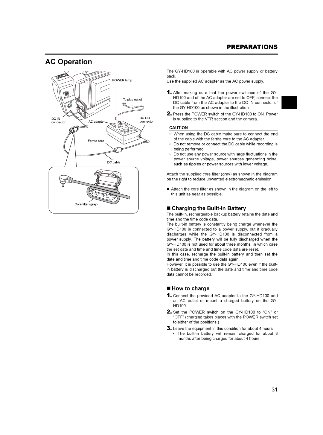 JVC GY- HD101, GY-HD100 manual AC Operation, „ Charging the Built-in Battery, „ How to charge 