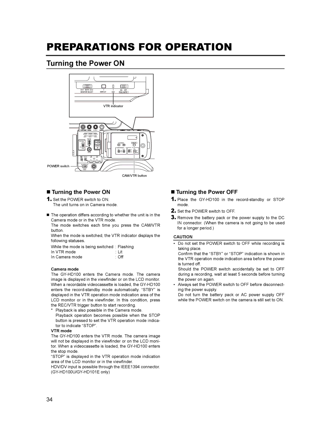 JVC GY-HD100, GY- HD101 manual Preparations for Operation, „ Turning the Power on, „ Turning the Power OFF 