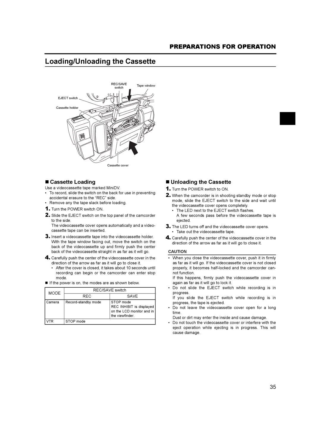 JVC GY- HD101, GY-HD100 manual Loading/Unloading the Cassette, „ Cassette Loading, „ Unloading the Cassette, Mode, REC Save 