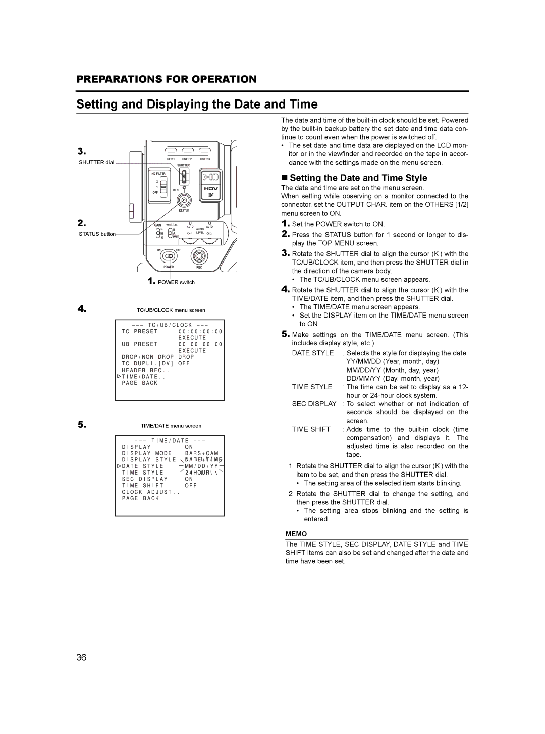 JVC GY-HD100, GY- HD101 manual Setting and Displaying the Date and Time, „ Setting the Date and Time Style 