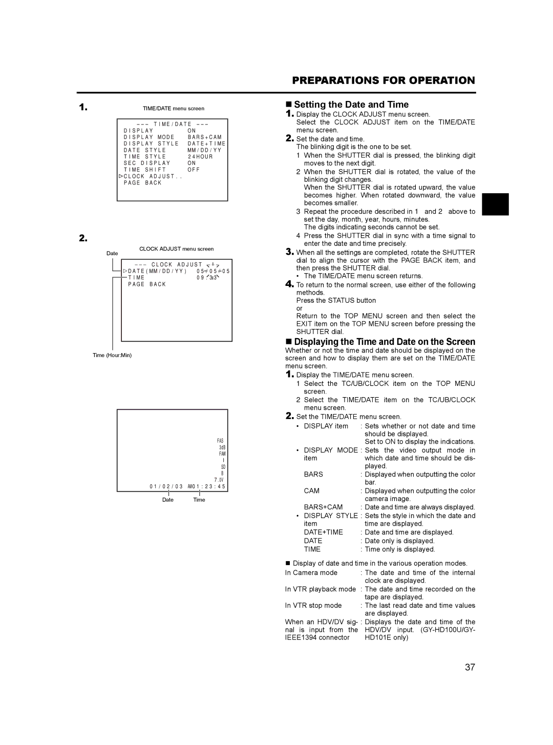 JVC GY- HD101, GY-HD100 manual „ Setting the Date and Time, „ Displaying the Time and Date on the Screen 