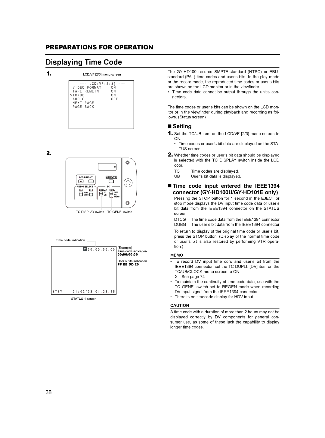 JVC GY-HD100, GY- HD101 manual Displaying Time Code, „ Setting 