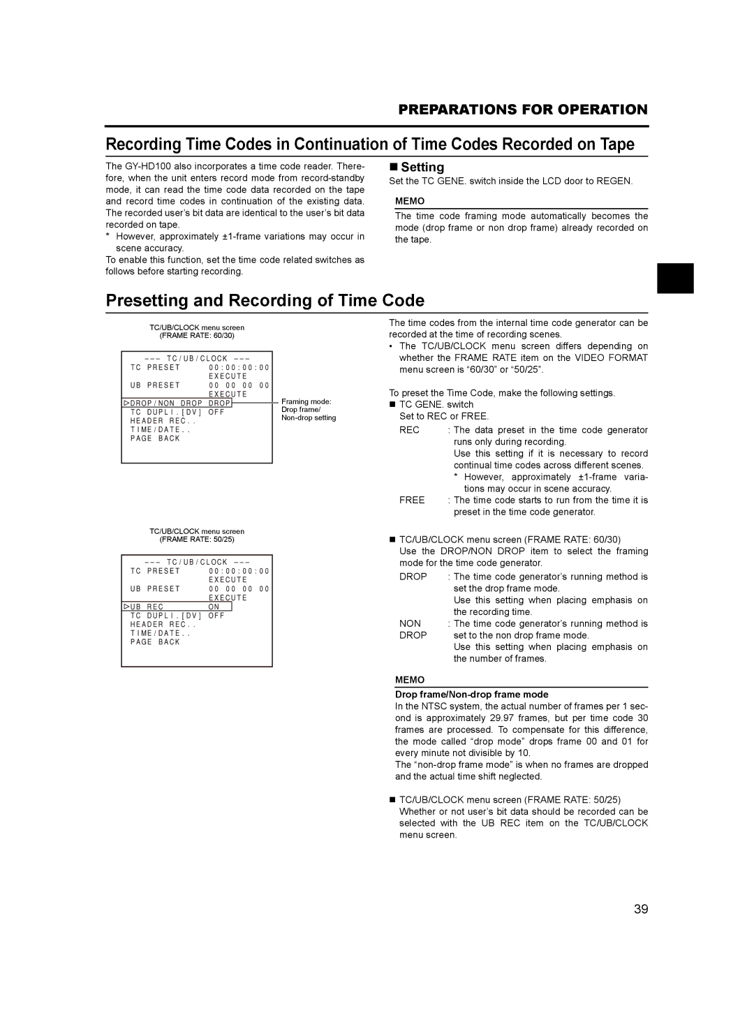 JVC GY- HD101, GY-HD100 manual Presetting and Recording of Time Code, Drop frame/Non-drop frame mode 