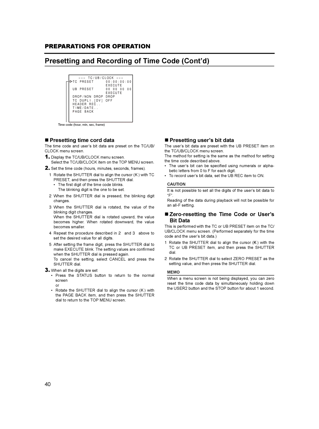 JVC GY-HD100 manual Presetting and Recording of Time Code Cont’d, „ Presetting time cord data, „ Presetting user’s bit data 