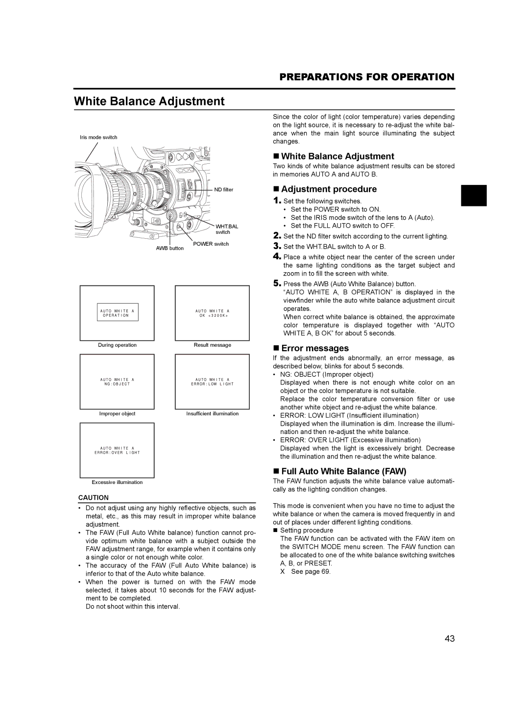 JVC GY- HD101 „ White Balance Adjustment, „ Adjustment procedure, „ Error messages, „ Full Auto White Balance FAW 