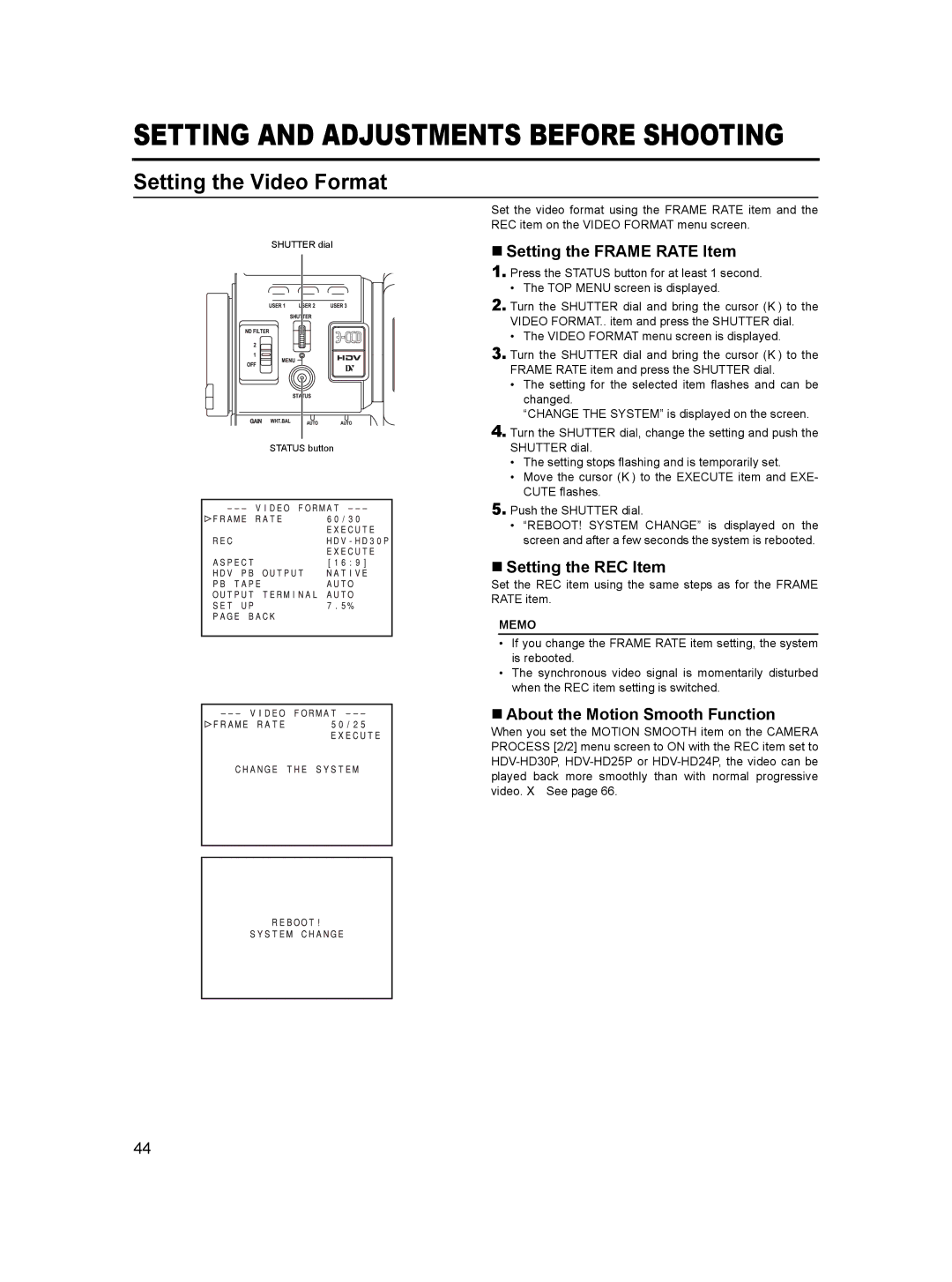 JVC GY-HD100, GY- HD101 manual Setting the Video Format, „ Setting the Frame Rate Item, „ Setting the REC Item 