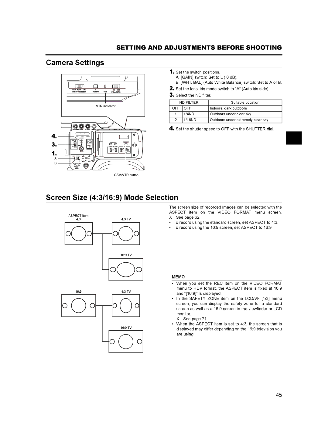 JVC GY- HD101, GY-HD100 manual Camera Settings, Screen Size 43/169 Mode Selection, ND Filter 