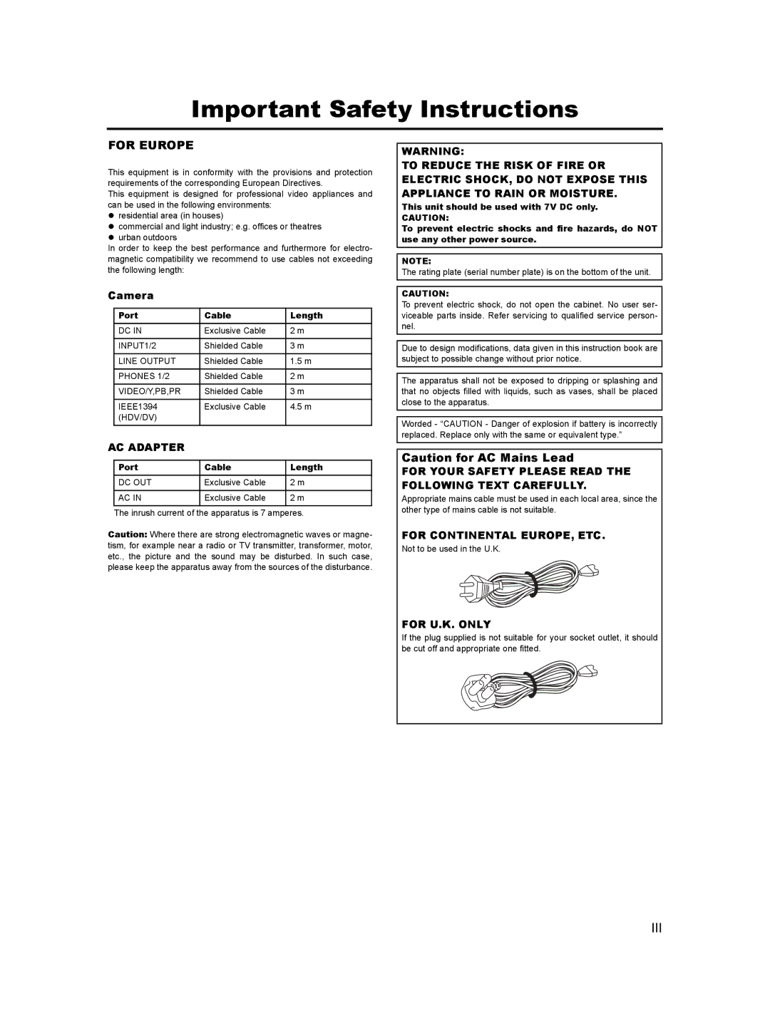 JVC GY- HD101, GY-HD100 manual Port Cable Length 