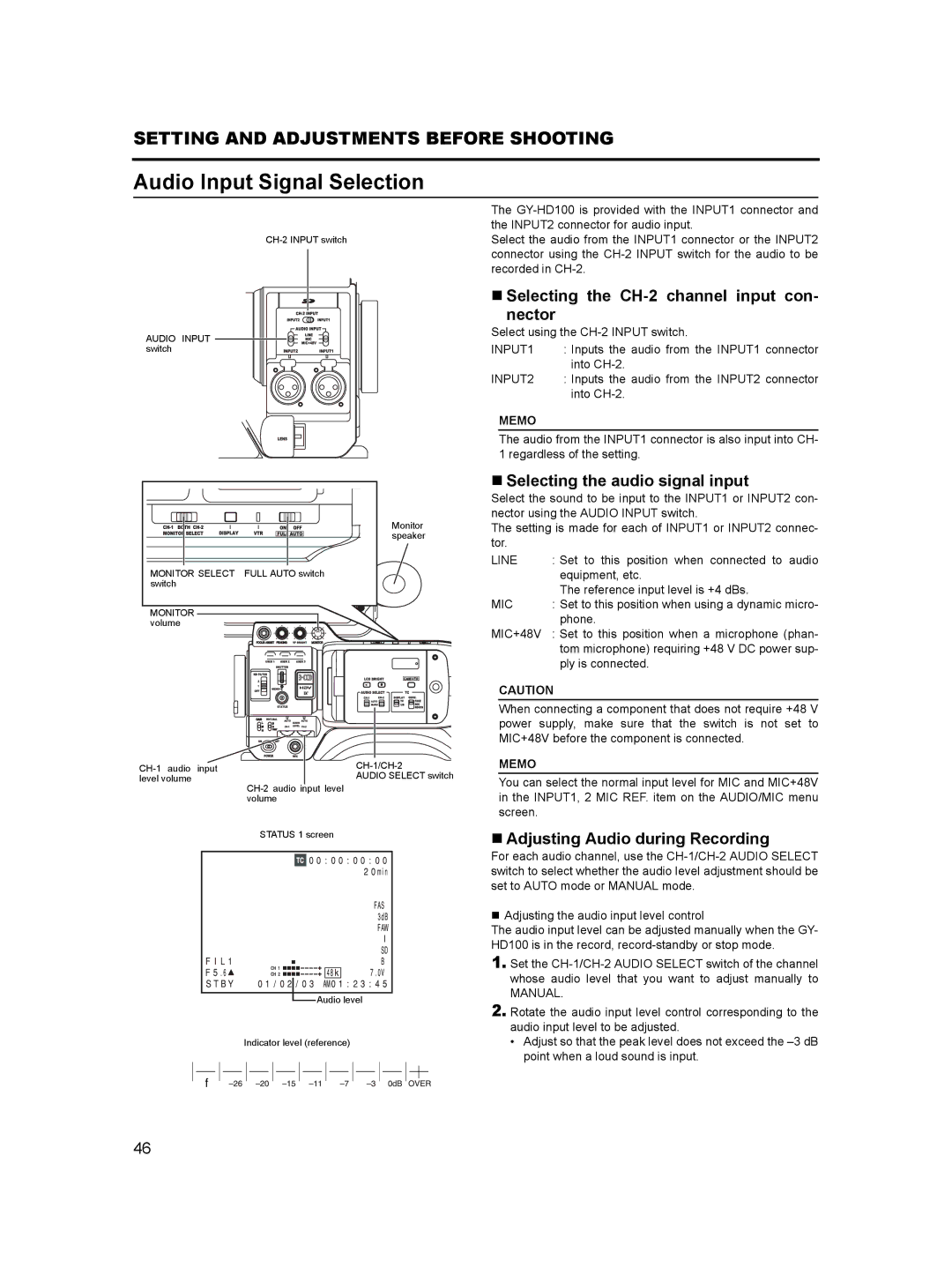 JVC GY-HD100, GY- HD101 manual Audio Input Signal Selection, „ Selecting the CH-2 channel input con Nector 