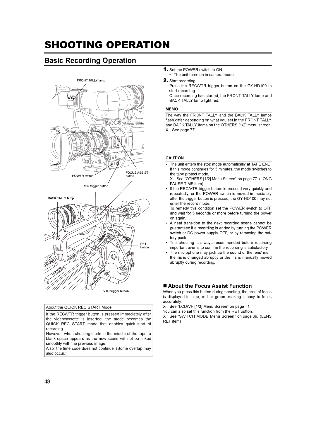 JVC GY-HD100, GY- HD101 manual Shooting Operation, Basic Recording Operation, „ About the Focus Assist Function 