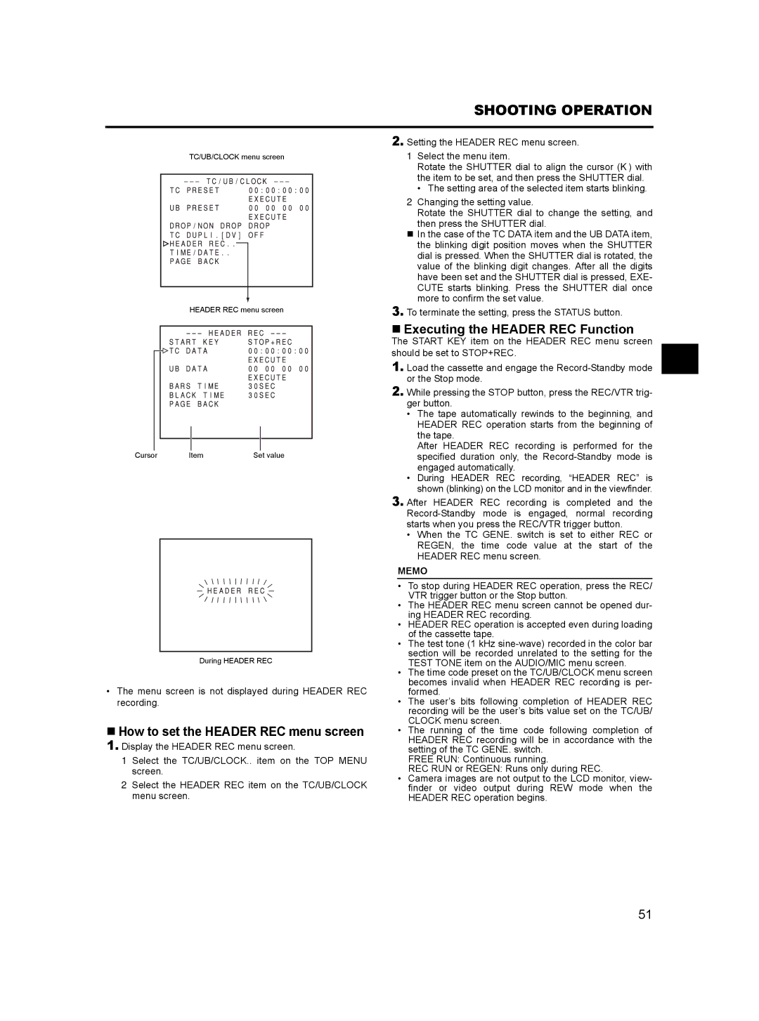 JVC GY- HD101, GY-HD100 manual „ How to set the Header REC menu screen 