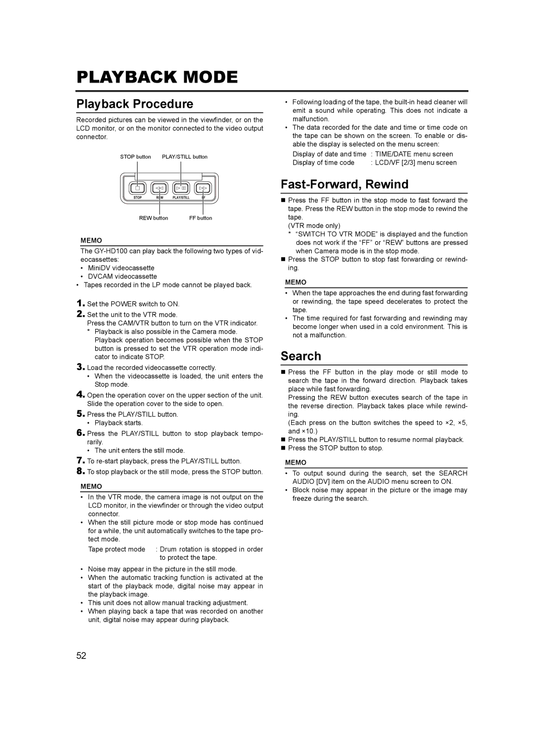 JVC GY-HD100, GY- HD101 manual Playback Mode, Playback Procedure, Fast-Forward, Rewind, Search 