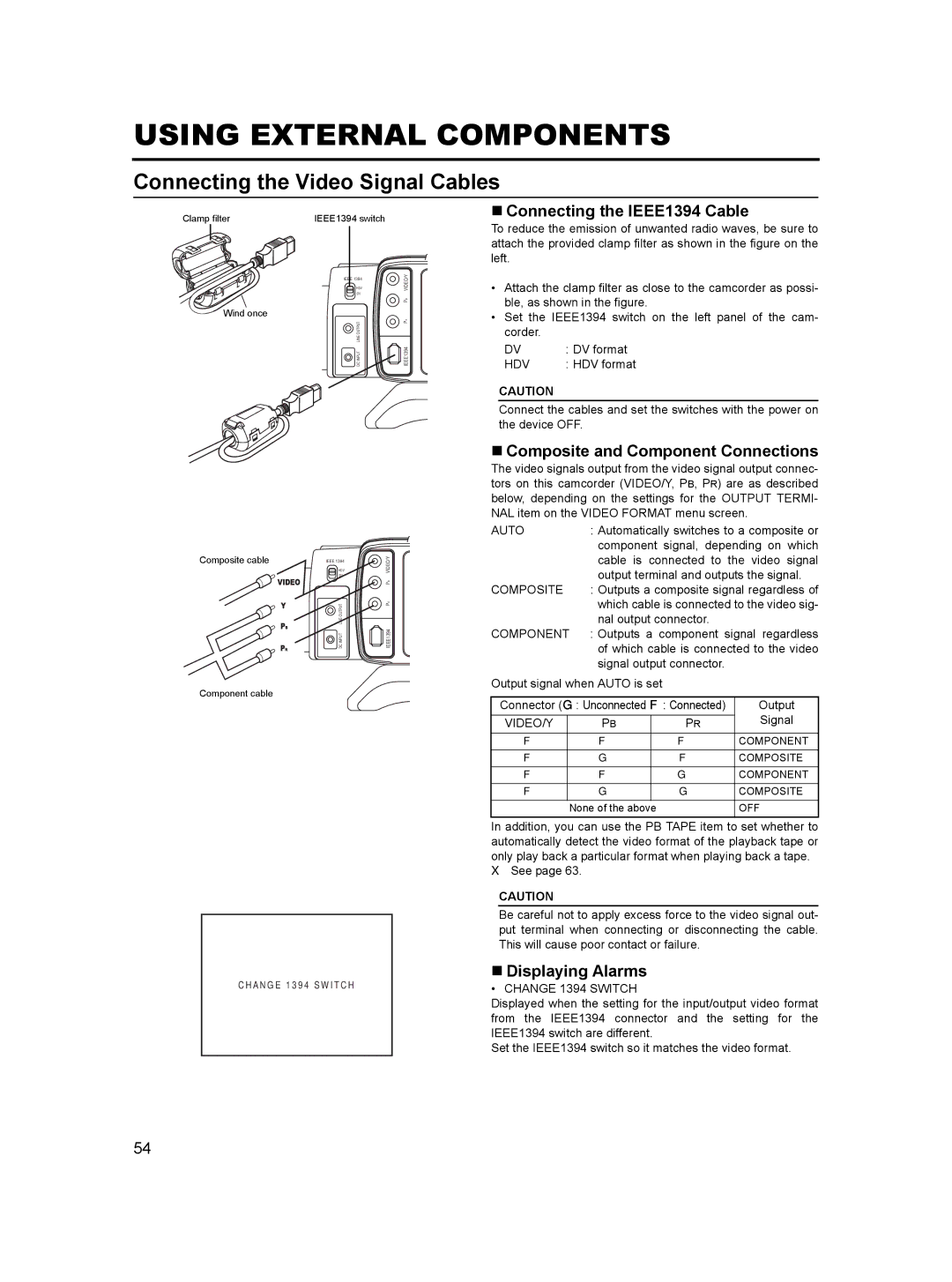 JVC GY-HD100, GY- HD101 Using External Components, Connecting the Video Signal Cables, „ Connecting the IEEE1394 Cable 