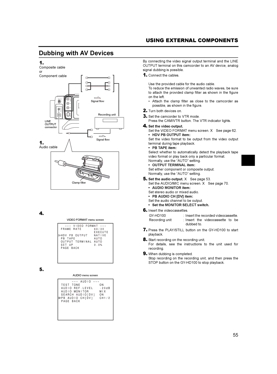 JVC GY- HD101, GY-HD100 manual Dubbing with AV Devices 