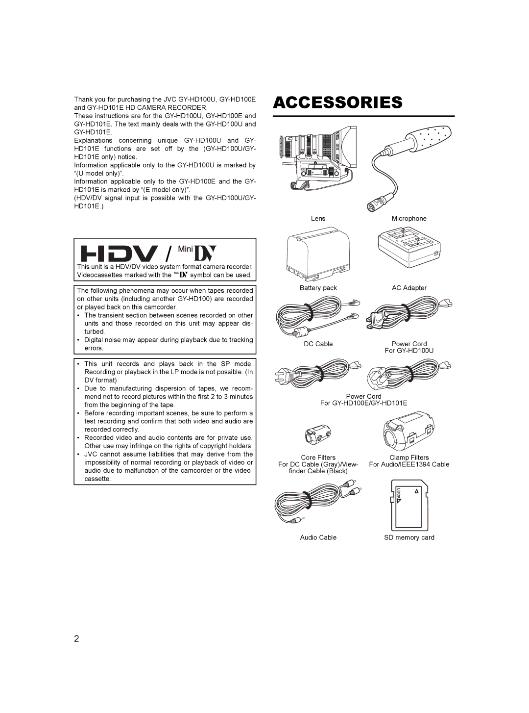 JVC GY-HD100, GY- HD101 manual Accessories, LensMicrophone 