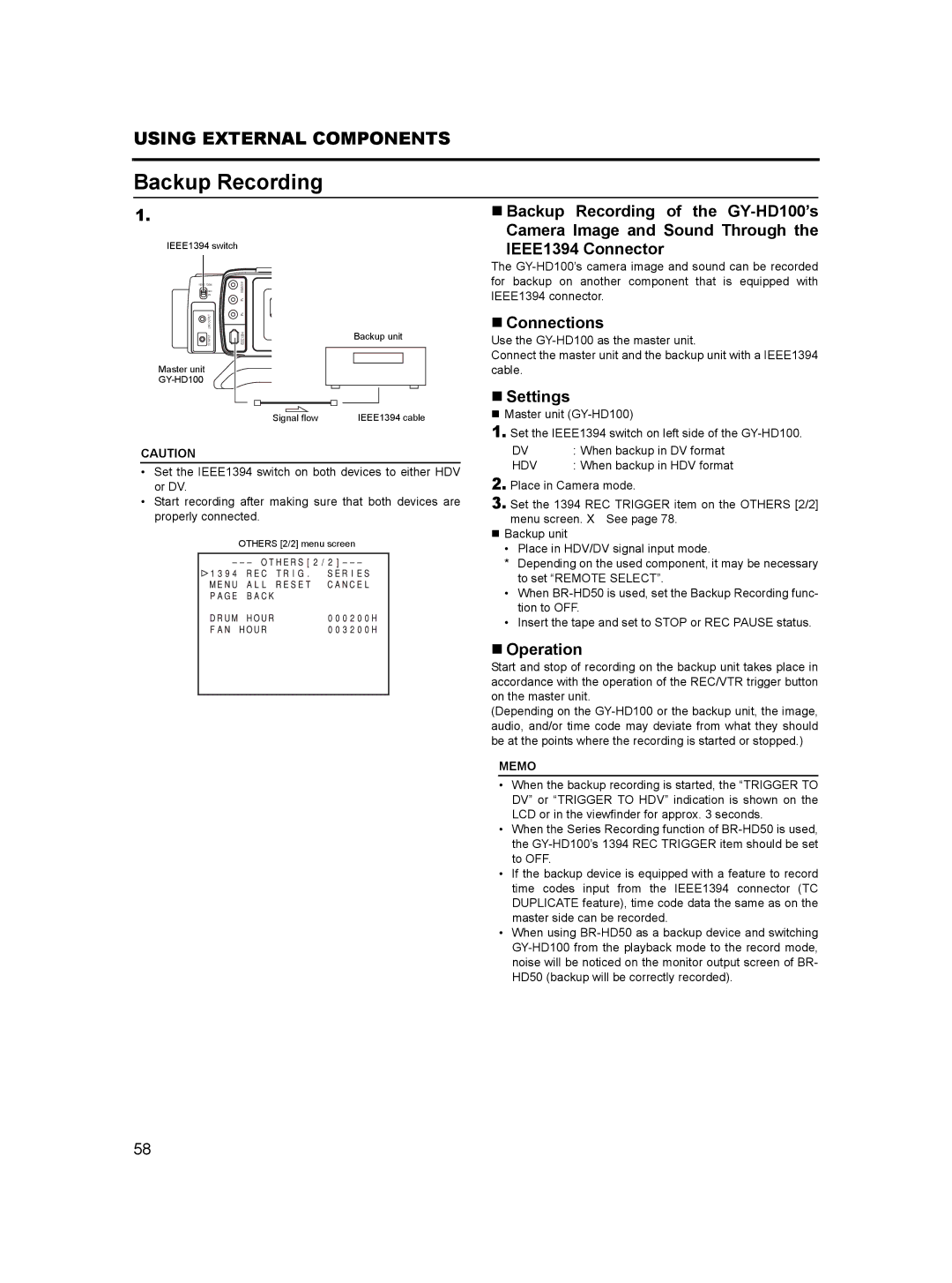 JVC GY-HD100, GY- HD101 manual Backup Recording, „ Connections, „ Settings, „ Operation 