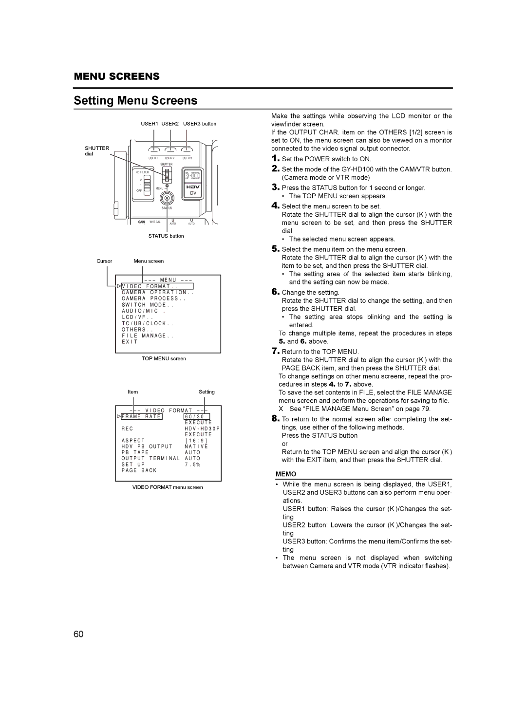 JVC GY-HD100, GY- HD101 manual Setting Menu Screens 