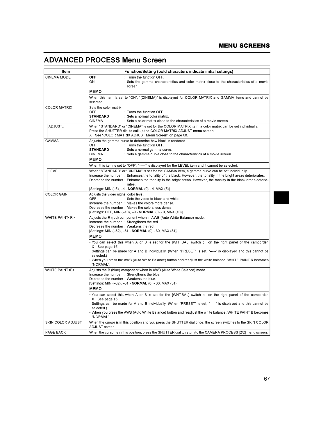 JVC GY- HD101, GY-HD100 manual Advanced Process Menu Screen, Standard 