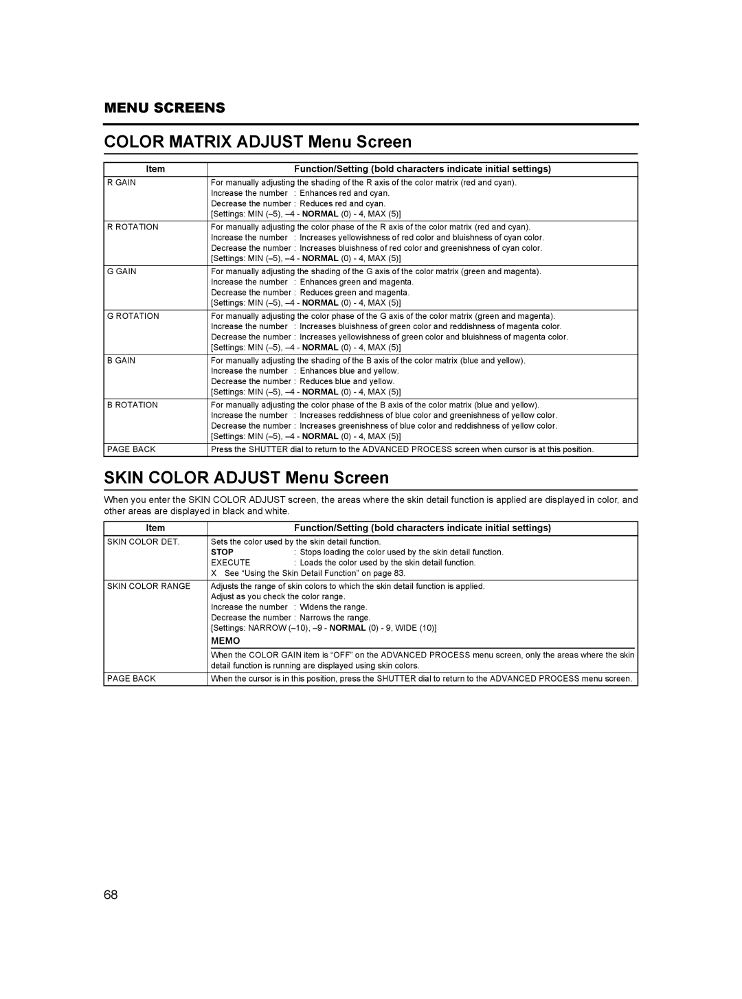 JVC GY-HD100, GY- HD101 manual Color Matrix Adjust Menu Screen, Skin Color Adjust Menu Screen, Stop 