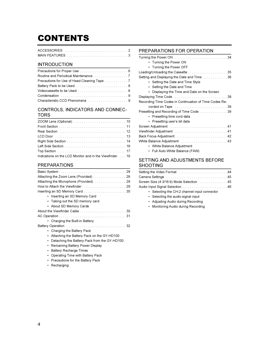 JVC GY-HD100, GY- HD101 manual Contents 