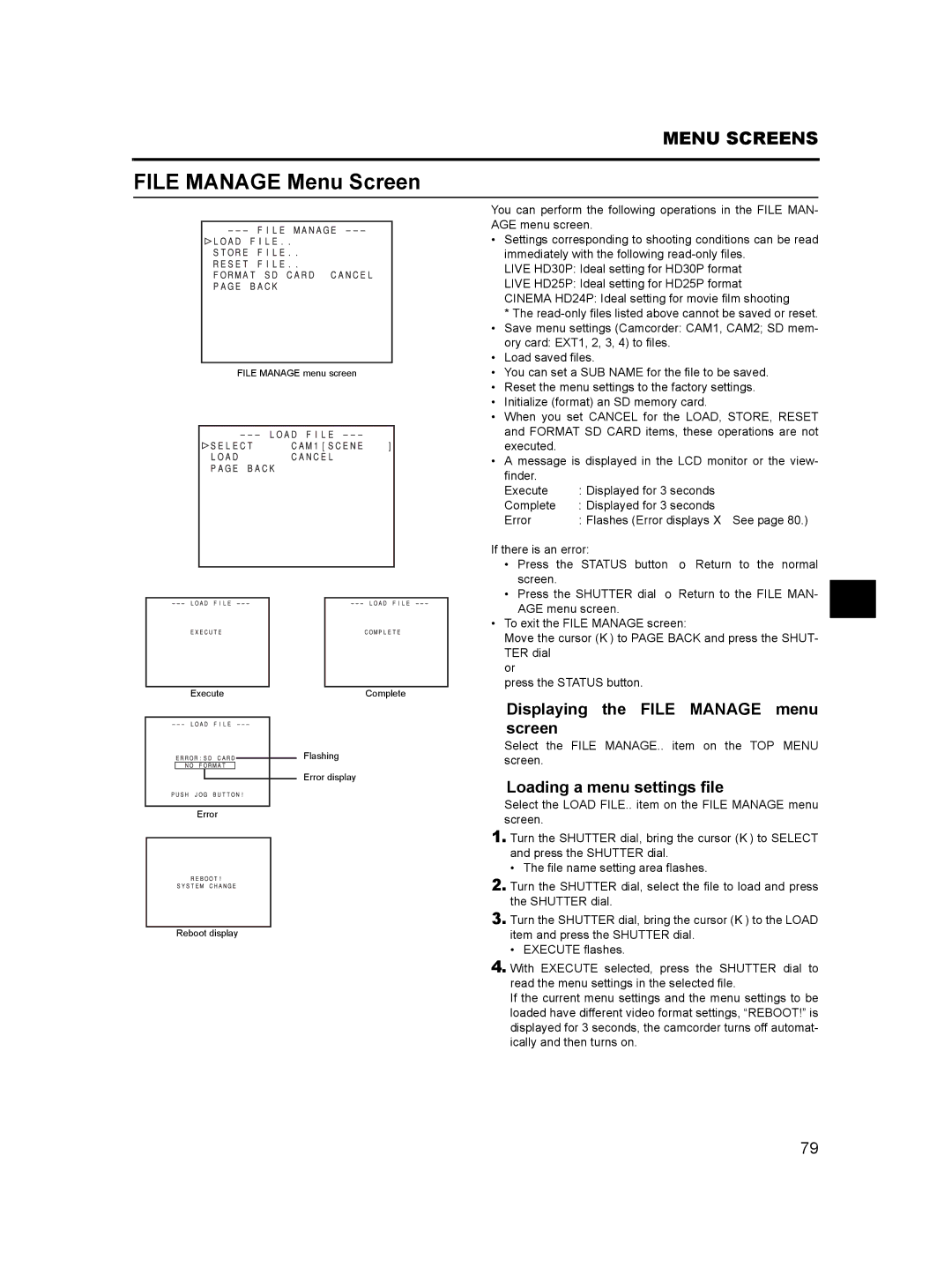 JVC GY- HD101, GY-HD100 File Manage Menu Screen, „ Displaying the File Manage menu Screen, „ Loading a menu settings file 