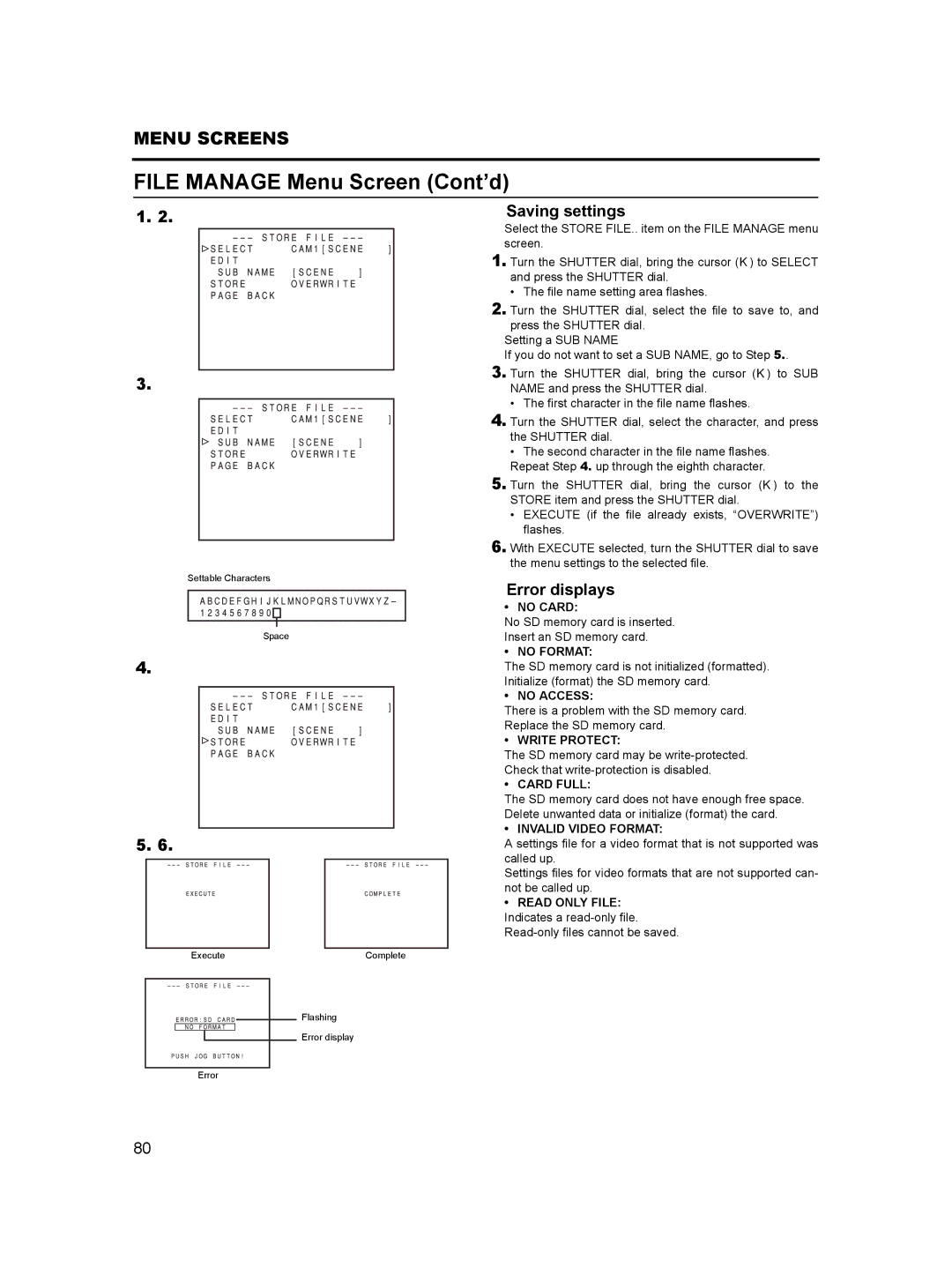 JVC GY-HD100, GY- HD101 manual File Manage Menu Screen Cont’d, „ Saving settings, „ Error displays 