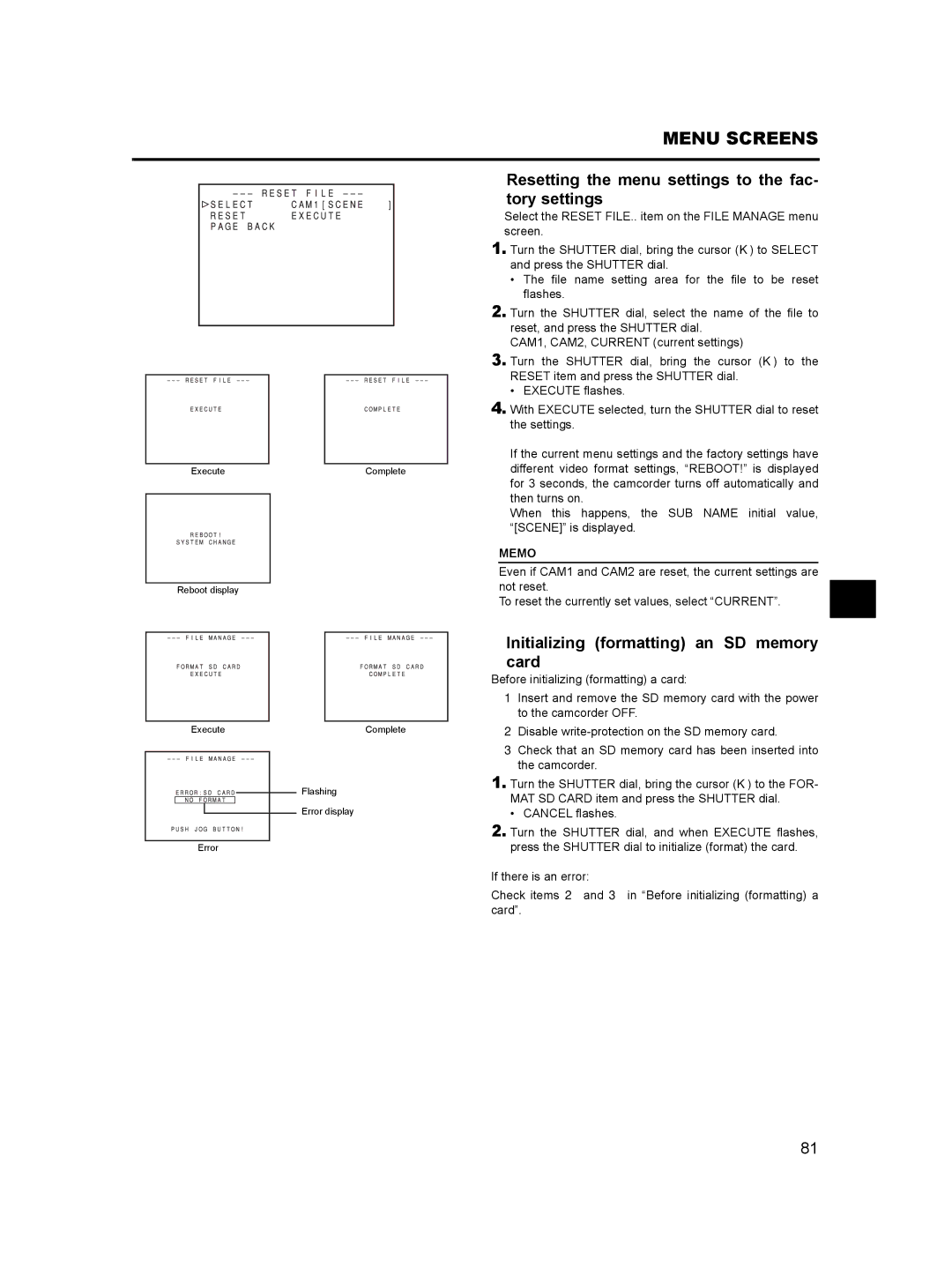 JVC GY- HD101 manual „ Resetting the menu settings to the fac Tory settings, „ Initializing formatting an SD memory Card 