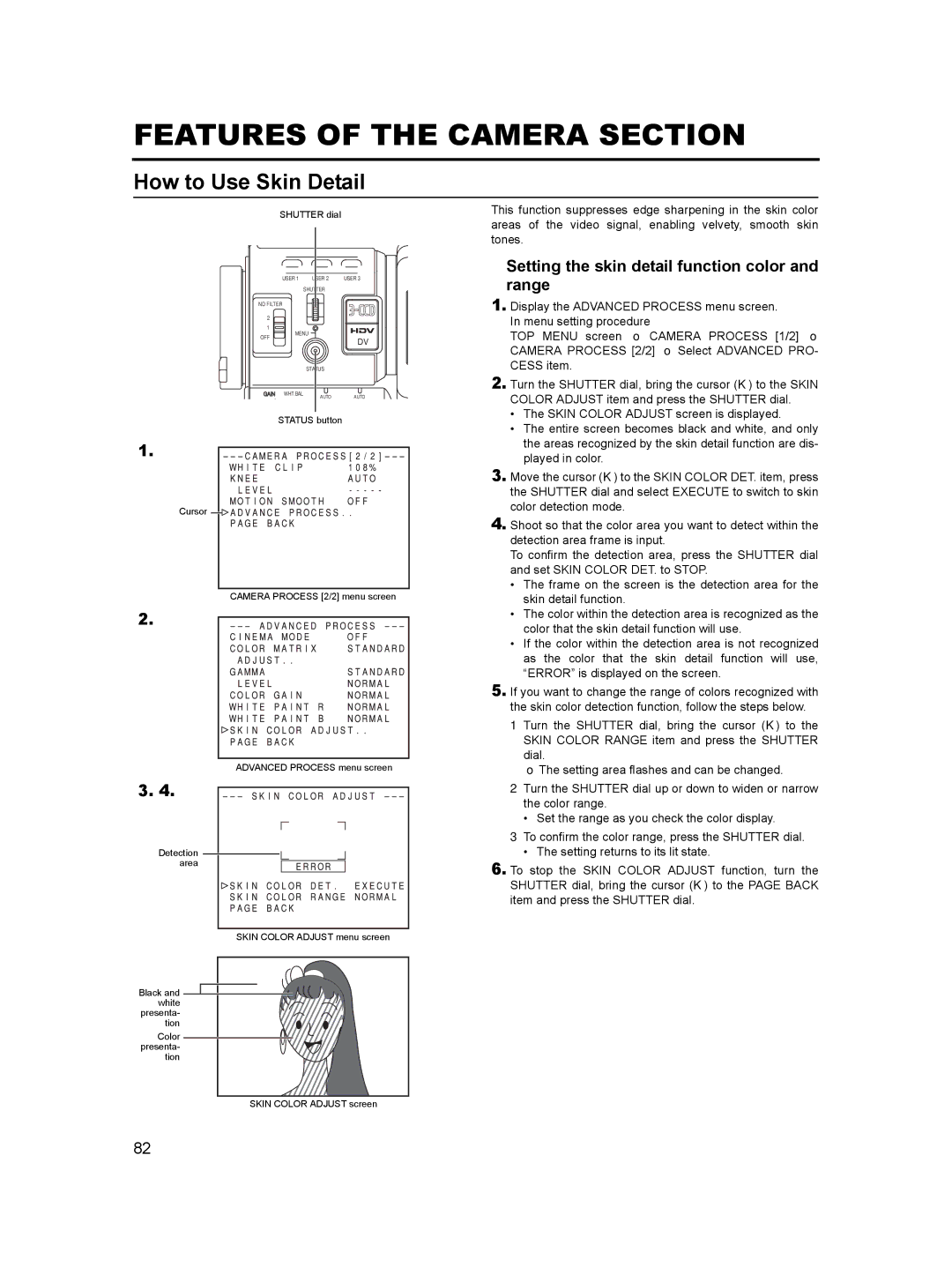 JVC GY-HD100 Features of the Camera Section, How to Use Skin Detail, „ Setting the skin detail function color and range 