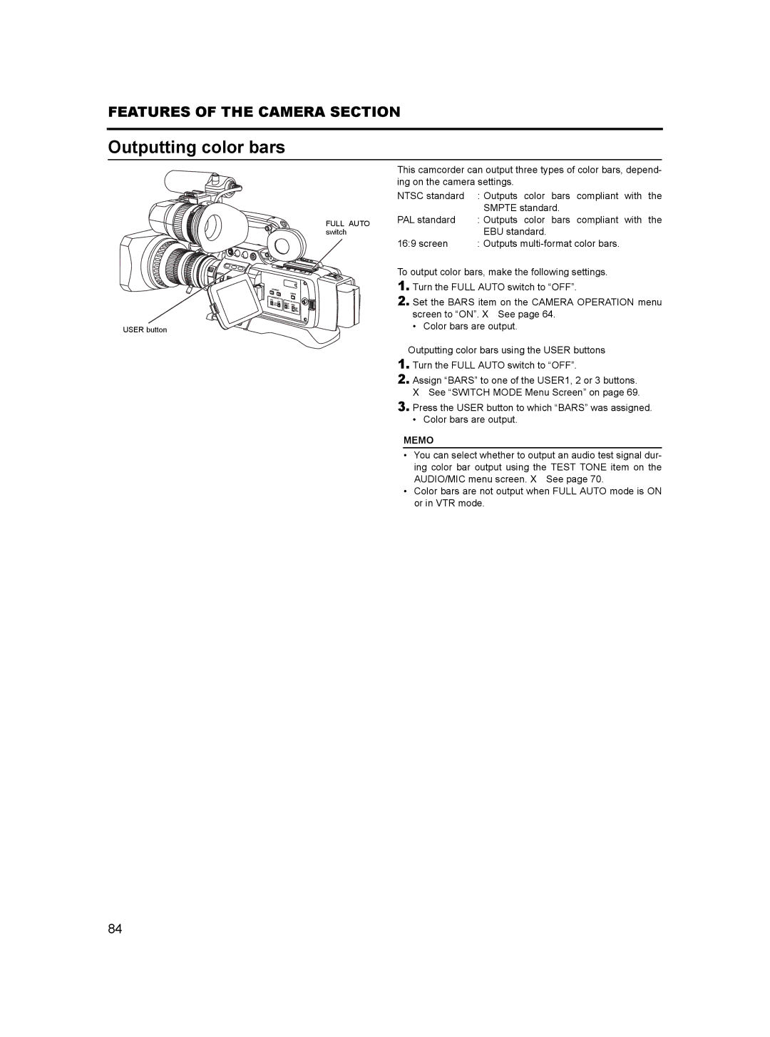 JVC GY-HD100, GY- HD101 manual Outputting color bars 