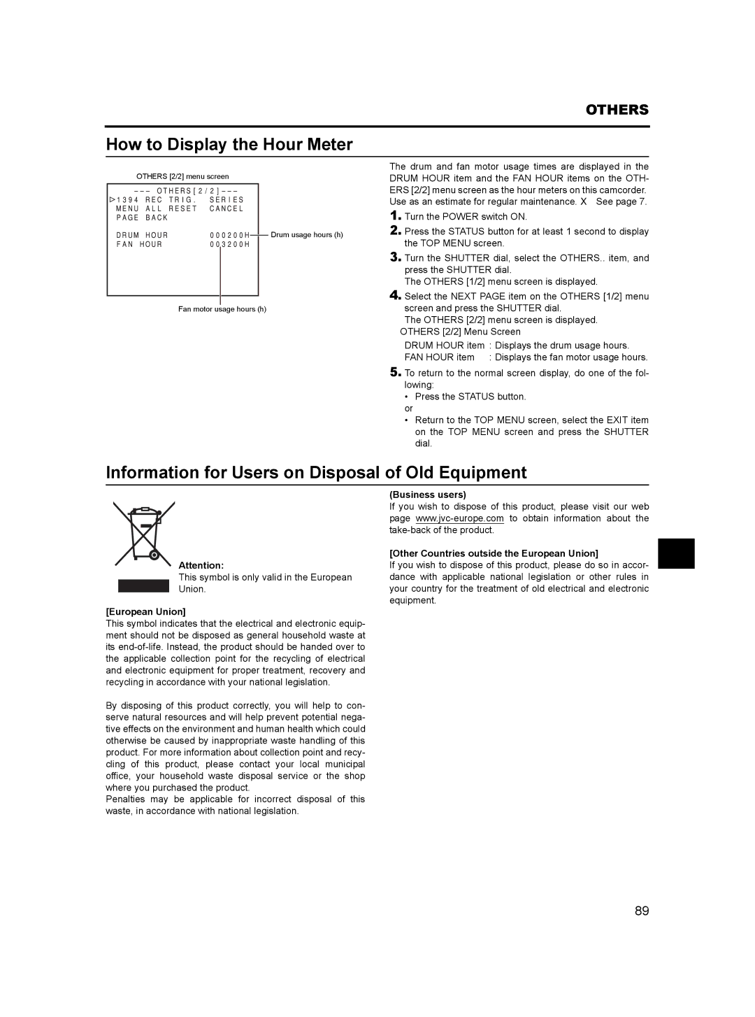 JVC GY- HD101, GY-HD100 How to Display the Hour Meter, Information for Users on Disposal of Old Equipment, European Union 