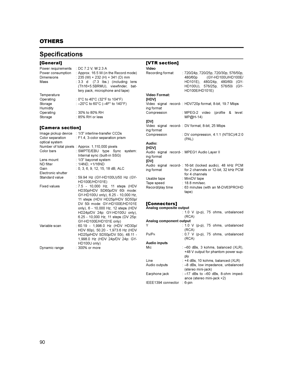 JVC GY-HD100, GY- HD101 manual Specifications 