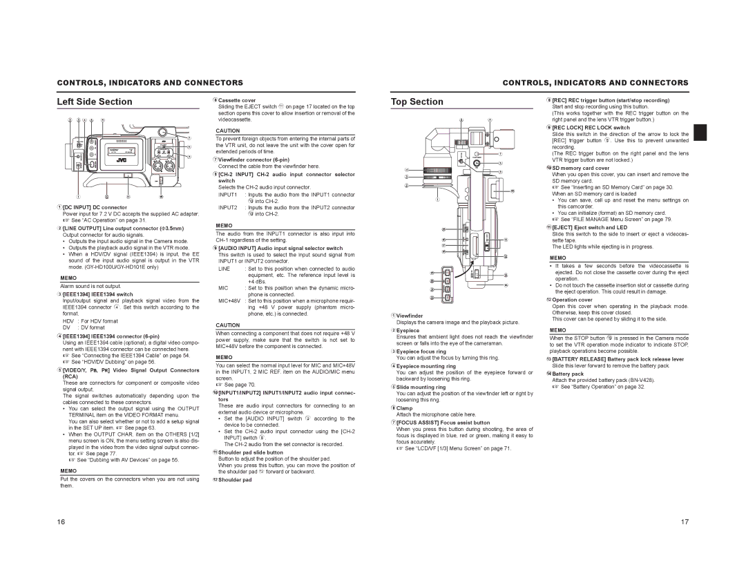 JVC GY-HD100, GY-HD101 manual Left Side Section, Top Section 