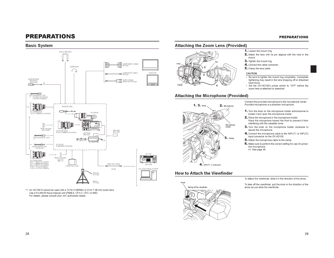 JVC GY-HD101 manual Preparations, Basic System, Attaching the Zoom Lens Provided, Attaching the Microphone Provided 