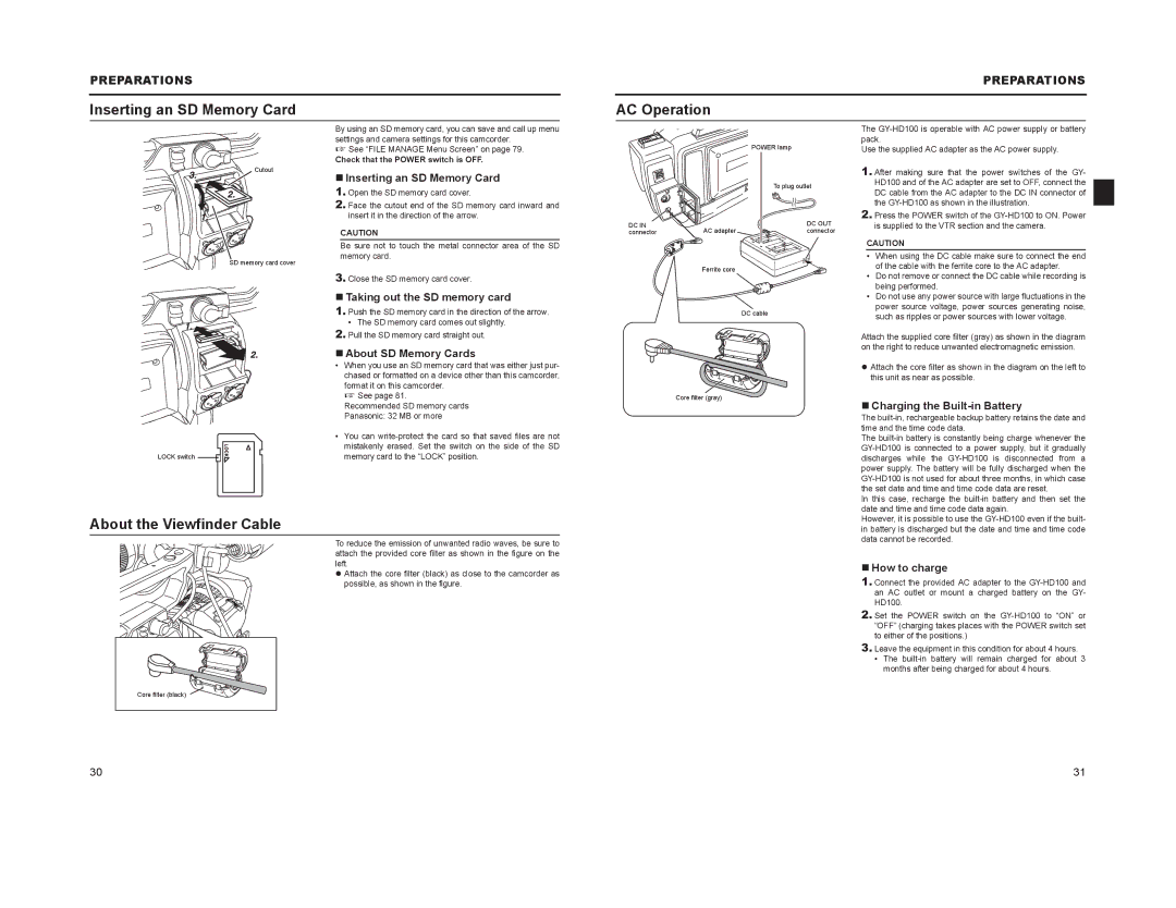 JVC GY-HD100, GY-HD101 manual Inserting an SD Memory Card, AC Operation, About the Viewfinder Cable 