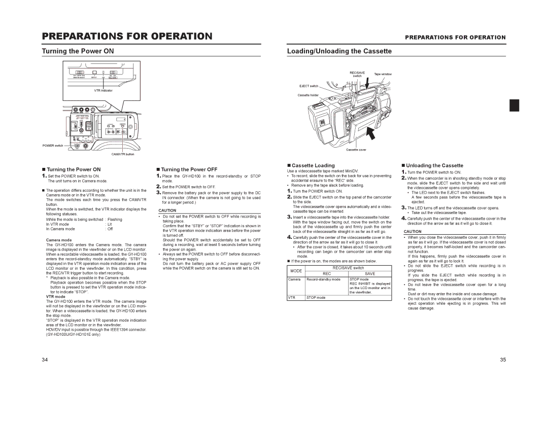 JVC GY-HD100, GY-HD101 manual Preparations for Operation, Turning the Power on, Loading/Unloading the Cassette 